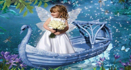 little angel - lake, butterfly, dragonflies, boat