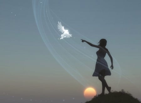 Wonder of Life - hill, women, moon, touch, girl, angel, stars, sky