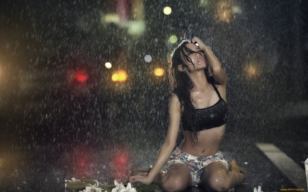 asian in rain - asian, road, flower, rain