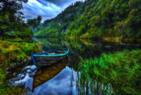 A Morning By The Lake - clouds, morning view, beautiful, boat, forest, crystal clear water, mountain, hdr, lake