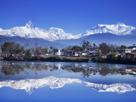 fewa lake - lake, reflection, mountain, tree