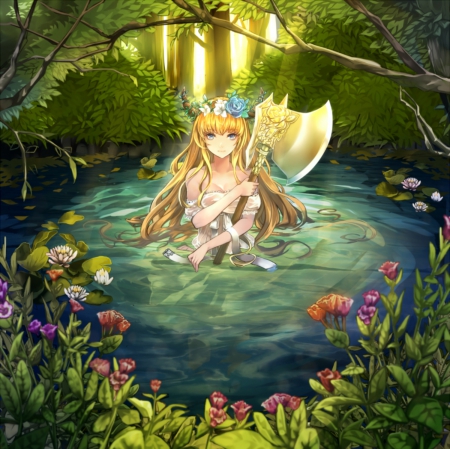 Golden Axe - nice, beauty, female, hot, blond, anime girl, blond hair, axe, pretty, blonde hair, anime, garden, pond, scene, maiden, lady, sexy, girl, long hair, lovely, gold, cg, hd, woods, floral, forest, beautiful, blossom, sweet, blonde, flower