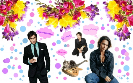 Happy Birthday! - word, happy birthday, cat, guitar, ian somerhalder, white, purple, freesia, yellow, man, pink, card, by cehenot, actor, johnny depp, flower