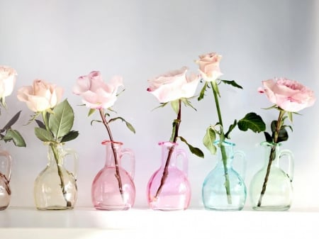 lovely roses - flowers, roses, pink, still life, vases