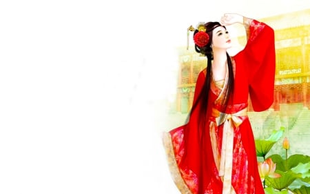 Asian Fantasy Beauty - pretty, geisha, beautiful, girl, kimono, fantasy, red, painting, digital, woman, fine, art, asian, wallpaper