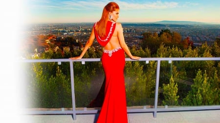 Great view - gown, red, wallpaper, model, beautiful, girl, dress, elegant, back, photography, woman, fashion