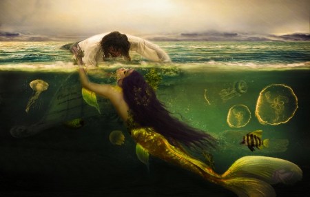 Mermaid love story - beautiful, girl, love, sweet, cg, fantasy, mermaid, digital, woman, couple, art, wallpaper