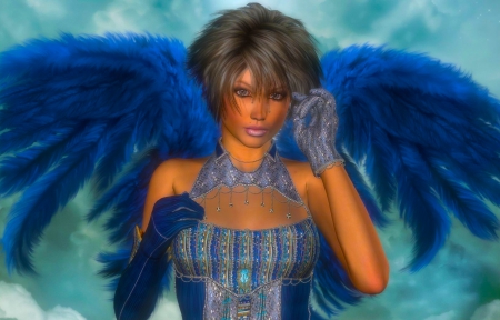 Fluffy Winged Angel - pretty, blue, flyffy, beautiful, serene, girl, angel, 3D, fantasy, digital, woman, wings, art