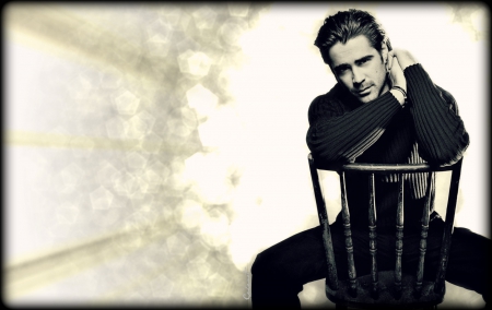 Colin Farrell - black, actor, by cehenot, chair, white, colin farrell, bokeh, glitter, man