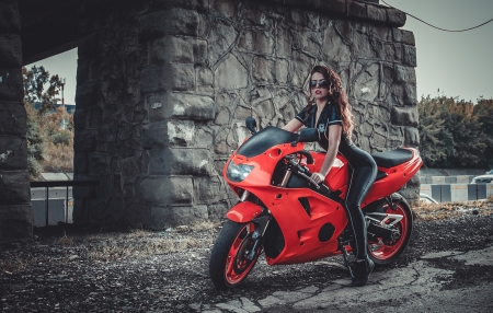 Girl, - Girl, Tight Clothing, Red, Model, Motocycle, Hair, Points