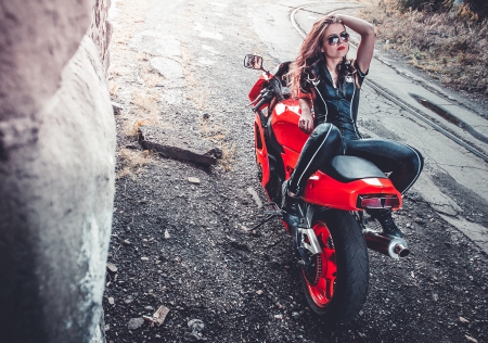 Beautiful - red, model, beautiful, brake, girl, rear, points, wheels, hair, motocycle, tight clothing