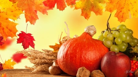 Autumn Harvesting - harvest, gourds, sunshine, pumpkin, leaves, fall, grapes, wheat, apples, autumn, grain, fruit, walnuts