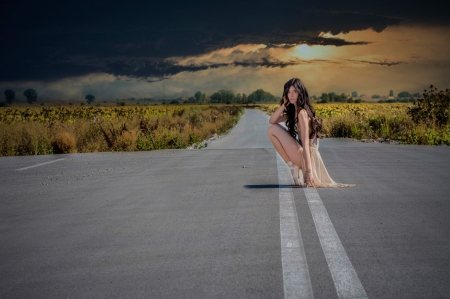 Ballerina - clouds, Pointe, ballerina, girl, road, sky