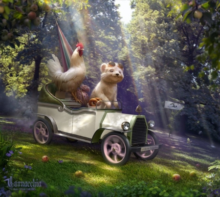 Going for a Ride - bear, hen, fantasy, art