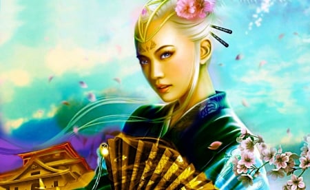 Geisha - wallpaper, digital, fan, beautiful, girl, art, cg, fantasy, geisha, kimono, asian, woman