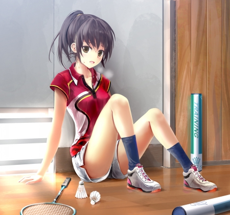 After the Match - sitting, beauty, nice, jersey, female, pant, anime girl, black hair, badminton, pretty, anime, sit, girl, shirt, ponytail, long hair, lovely, cg, sport, hd, racket, beautiful, sweet