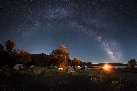 Midnight Rainbow - camping, trees, tents, grass, camp fire, stars, sky