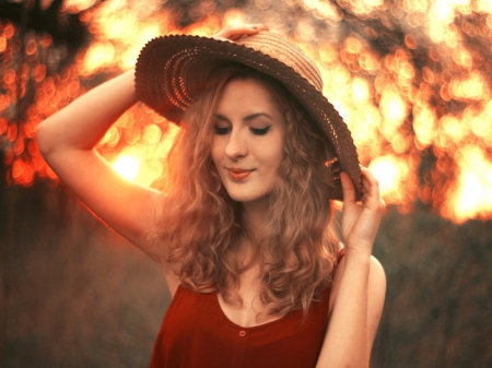 Summer Smile - women, bokeh, sky, hat, sun, lovely