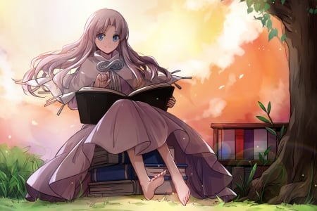 Twilight - nice, sitting, lady, girl, female, long hair, anime girl, book, lovely, pretty, anime, sweet, scene, dress, maiden, sit