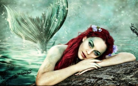 mermaid - tail, rock, long, flowers, redhead, fantasy, mermaid, hair, sea