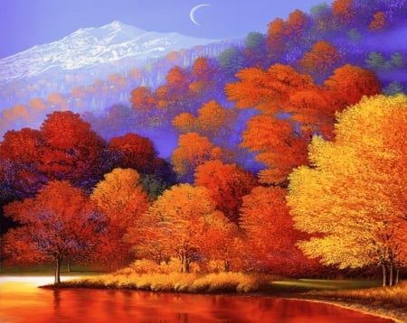 ★Autumn Orange★ - attractions in dreams, rivers, creative pre-made, stunning, forests, red, landscapes, trees, beautiful, paintings, colors, orange, fall, nature, autumn, love four seasons, mountains