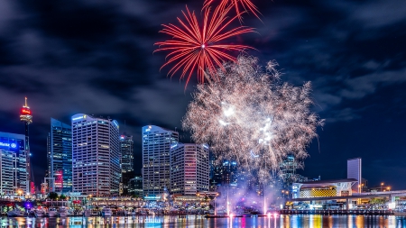 Fireworks on Darling Harbor in Sydney - harbor, darling harbor, fireworks, sydney