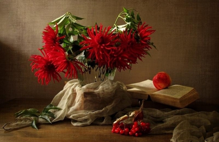 Still Life - flowers, beautiful, red, book