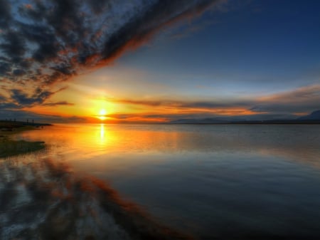 Coast Sunset - clouds, horizon, water, coast, reflection, river, sunset, nature, lake, sky