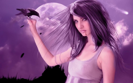 dalia - moon, purple, art, girl, bird