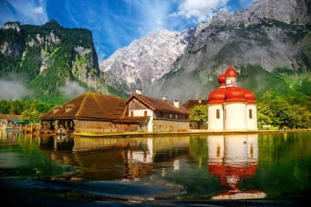 Konigssee - water, tower, beautiful, konigssee, landscape, reflection, crystal, mountain, green, lake, emerald, houses, sky, rocks