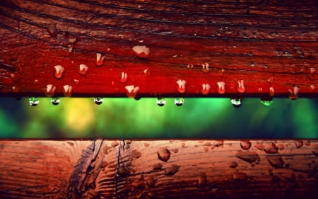 Autumn - red, rain, water drops, wood, green