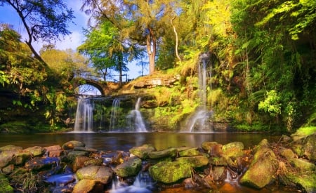 Small waterfall - trees, cascades, sunny, summer, beautiful, small, stones, nature, waterfall, park, rocks