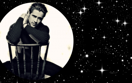 Colin Farrell - moon, actor, by cehenot, stars, man, chair, black, white, Colin Farrell, sky