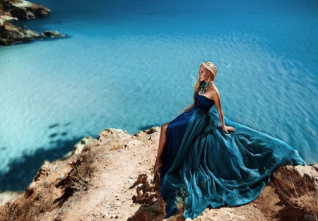 Blue Lady - femininity, lady, woman, blue dress, sea, beauty, princess, dreams