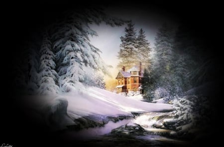 Snowy Lodge - winter, lodge, snow, river