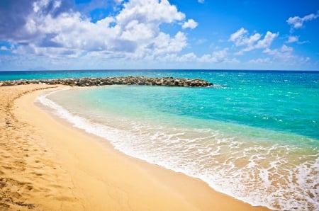 rocky beach - sky, sunshine, beach, sun, water, vacation, clouds, holiday, tropic, sand, skyphoenixx1, ocean, summer, tropical, isle, waves, nature, island, sea