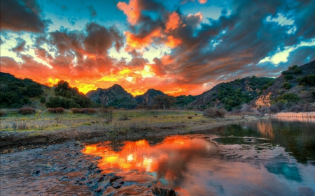 Sunset on Malibu Canyon - lake, malibu, sunset, reflection