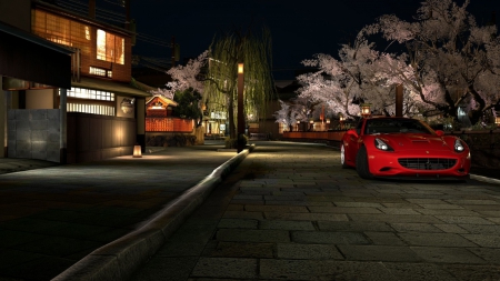 Under The Street Lights - street, house, lights, ferrari