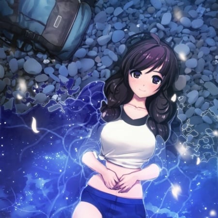 Blue Water - pretty, anime, female, blue, rubvbles, lying, bag, short hair, warter, hd, nice, stone, anime girl, laying, beautiful, rock, girl, wet, beauty, lovely, sweet, cg, shirt, lay