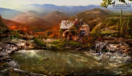 Fantasy - house, fantasy, mountain, river