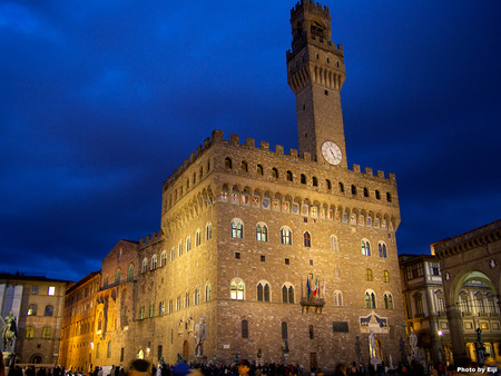 Belfry - Florence, Italy - stonework, building, italy, clock, flags