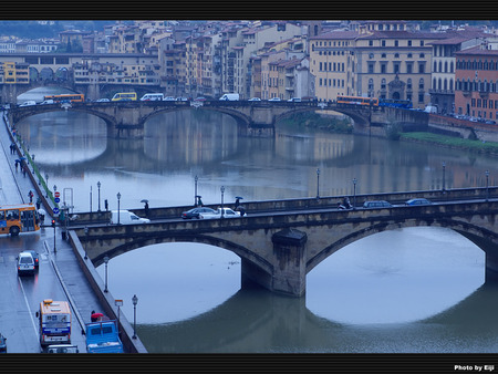 Bridges - Florence, Italy - italy, rainy, water, inter connecting bridges, transport, buildings