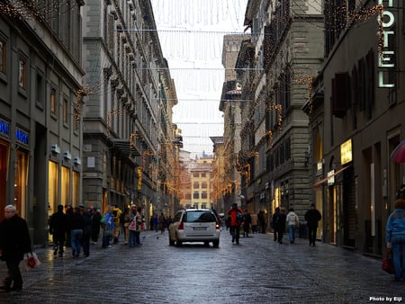 Florence, Italy - neon signs, people, grey buildings, car, italy, rainy