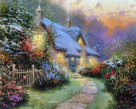 hidden cottage - flowers, art, blue, cottage