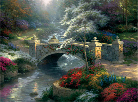 bridge of hope - water, flowers, trees, river