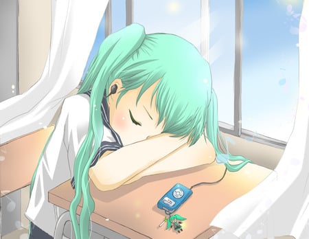 Sleeping Miku Hatsune - school uniform, classroom, girl, vocaloid, anime, miku, school girl