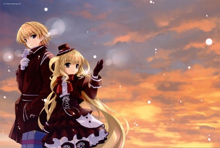 First Snow - siblings, anime girl, sunset, snow