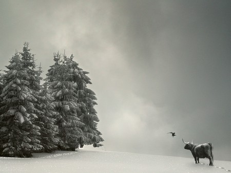 Winter in 3D - cow, 3d and cg, 3d, winter, tree