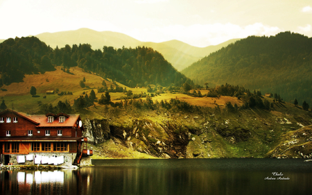 Lake reflection - chalet, lake, trees, hills, water, mountains