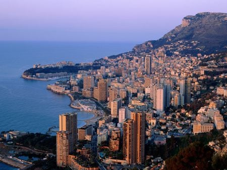 Twilight over Monte Carlo Monaco - seaside, fun, ocean, mountain, monte carlo, castles, skyscrapers, cityscapes, twilight, city, architecture